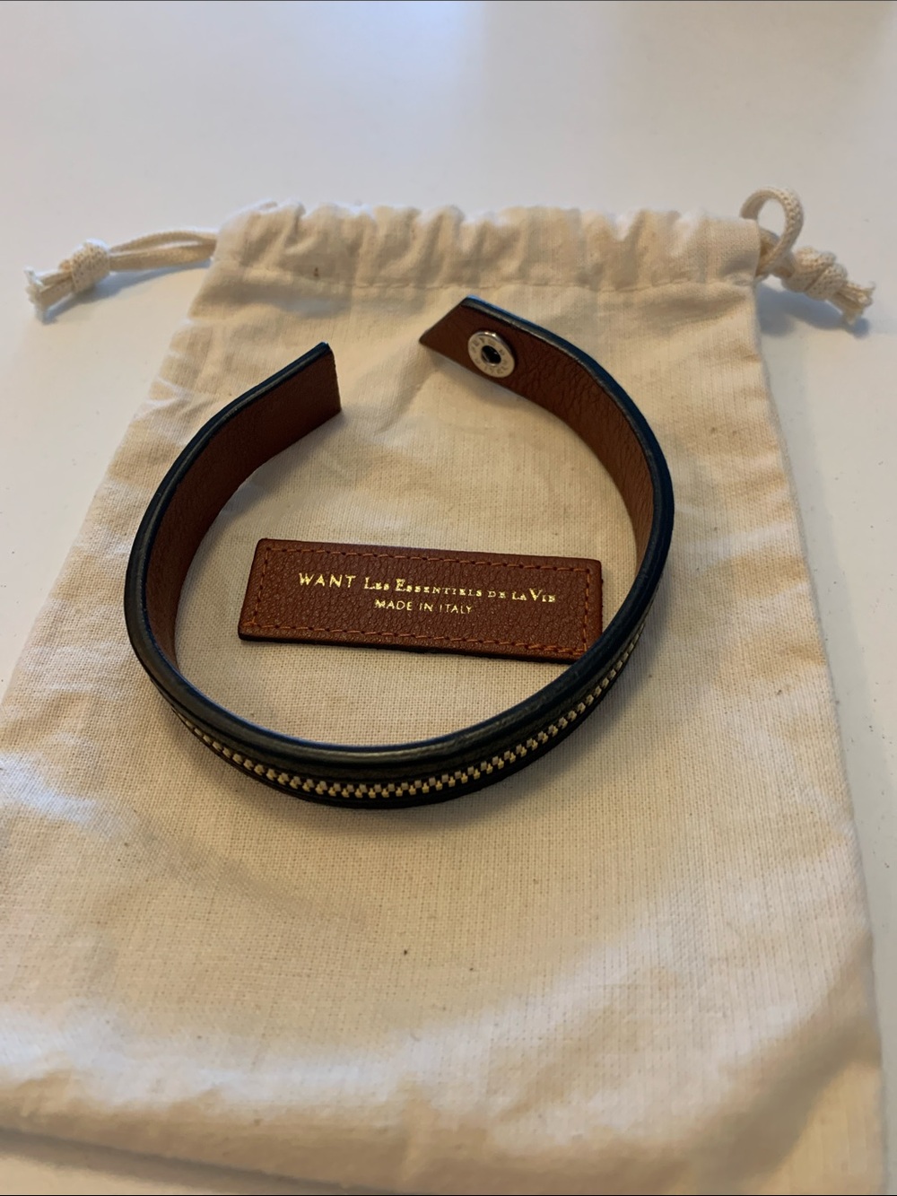 WANT Les Essentiels Black Leather Bracelet with Brown Interior and Zip-Trim